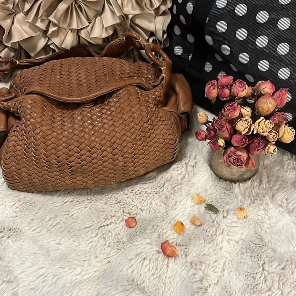 Cole Haan Tan Cognac Brown Neutral Woven Leather Hobo Shoulder Bag Boho Bag